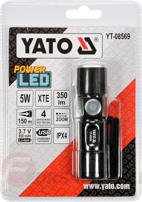 Фонарик 94х27 мм. 5W, 350lm, 3.7V, USB, IPX4, zoom Yato YT-08569
