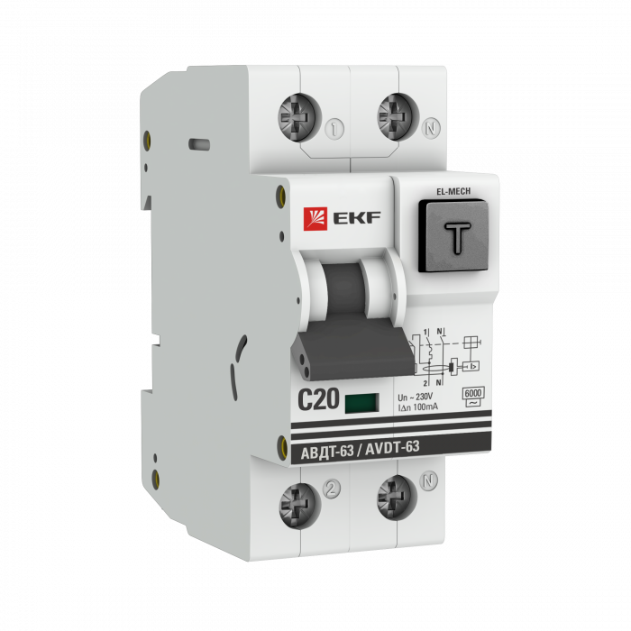 Дифференциальный автомат АВДТ-63 20А/100мА (характеристика C, эл-мех, тип АС) 6кА EKF PROxima DA63-20-100em-AC