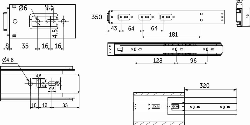 Направляющая шариковая L-350 h=45 PUSH TO OPEN AKS PLUS 39197