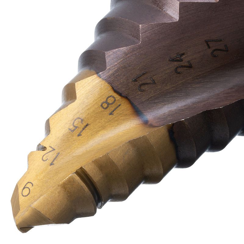 Сверло ступенчатое, 9-12-15-18-21-24-27-30-33-36 мм, Р6М5К5, 6-гр. хвостовик Denzel 723615