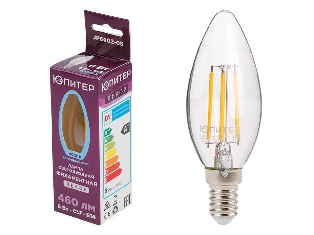 Лампа светодиодная филаментная C37 СВЕЧА 6 Вт E14 4000К ДЕКОР, 60 Вт Юпитер JP6002-05