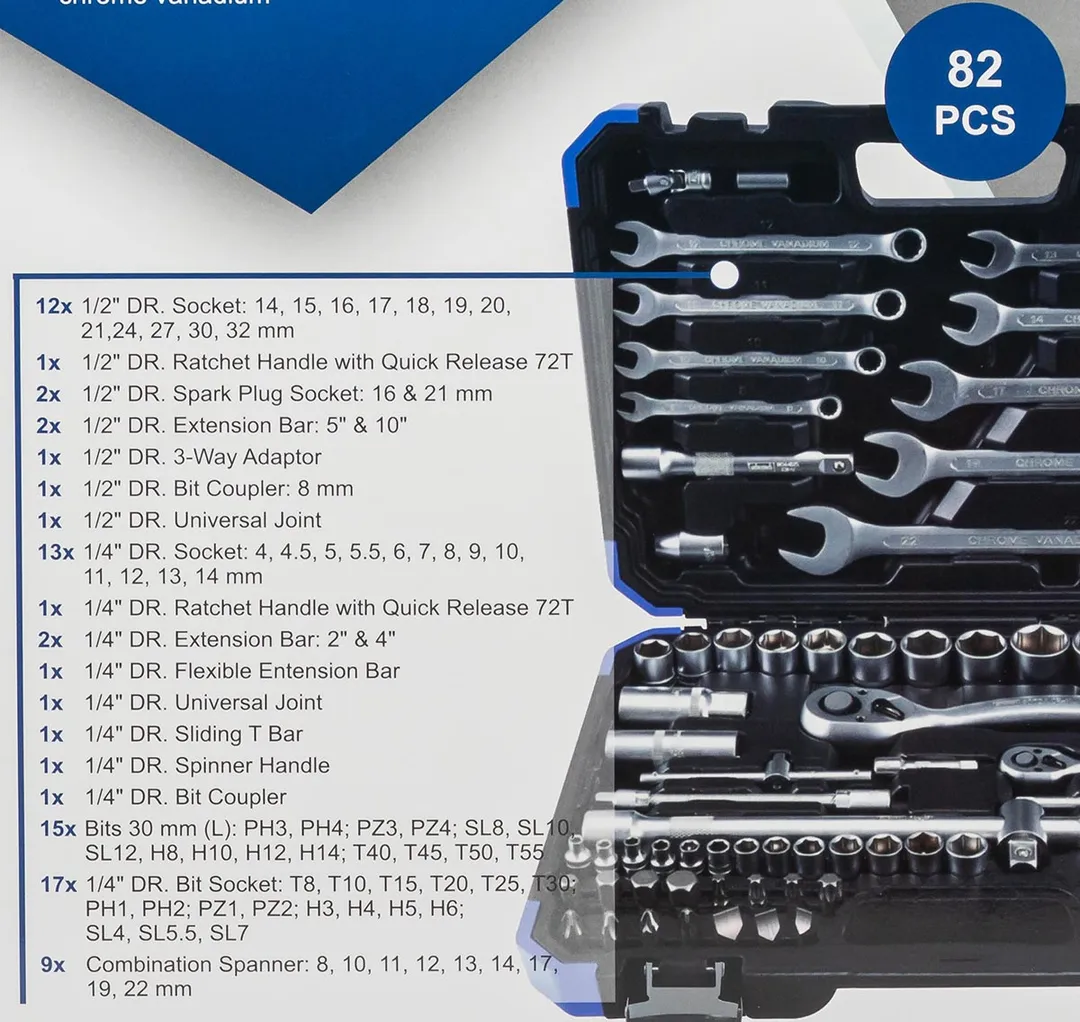 Набор инструментов 1/4''&1/2'', 82 пр. 6-гр Scheppach Sch-4821-5