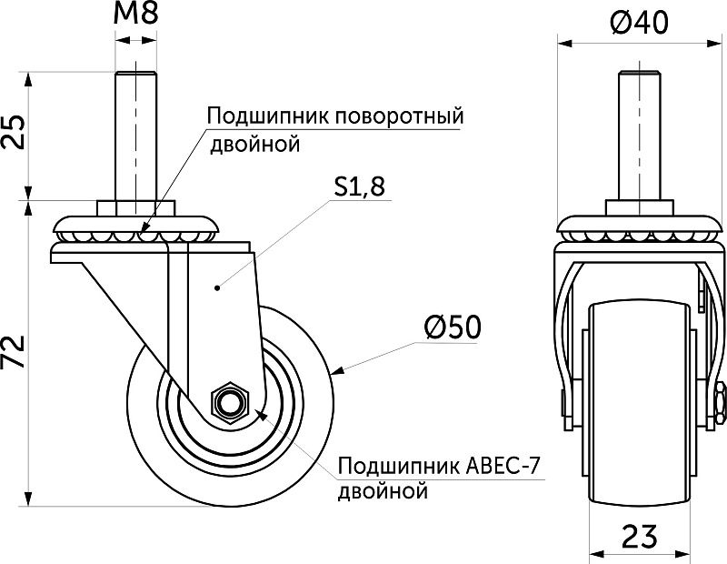 Колесо меб. DIAMOND d50 h72 с винтом М8, черный AKS 120246