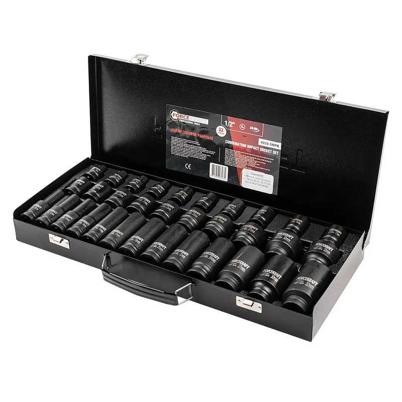 Набор ударных глубоких и коротких головок 8-32 мм 1/2'' 6-гр 33 пр, L 38, 78 мм ForceKraft FK-4333-5MPB