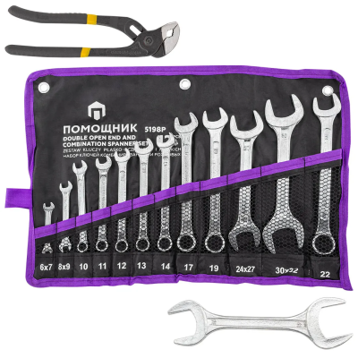 Набор комбинированных 10-22 мм и рожковых ключей 6х7, 8х9, 24х27, 30х32, 36х41 мм, пассатижи, 14 пр Помощник 5198P+2