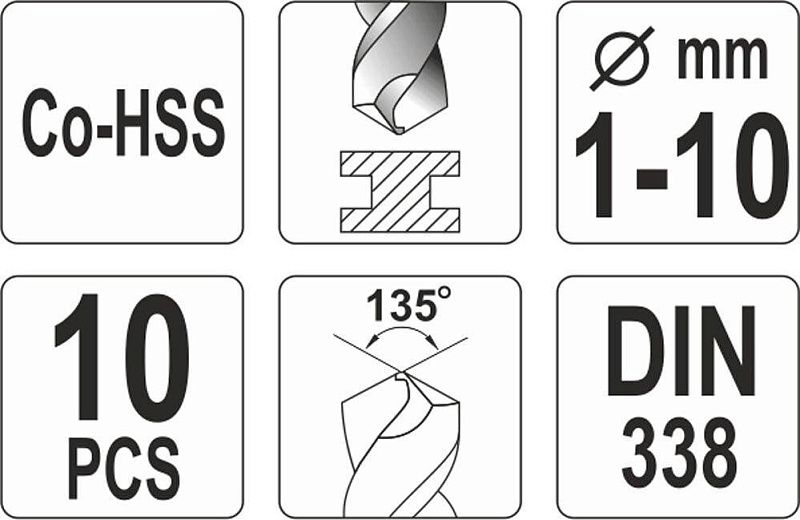 Набор сверл по металлу 1,0-10,0 мм Co-HSS 10 пр. Yato YT-41603