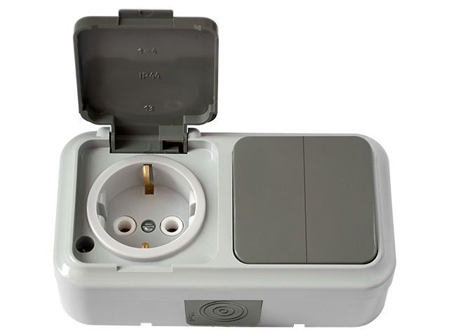 Блок выкл. 2 клав. + розетка (открытая, с/з, брызг. защ.) серая, Пралеска Аква, (IP54 пылебрызгозащищенные) Bylectrica 2В-РЦ-659(03)