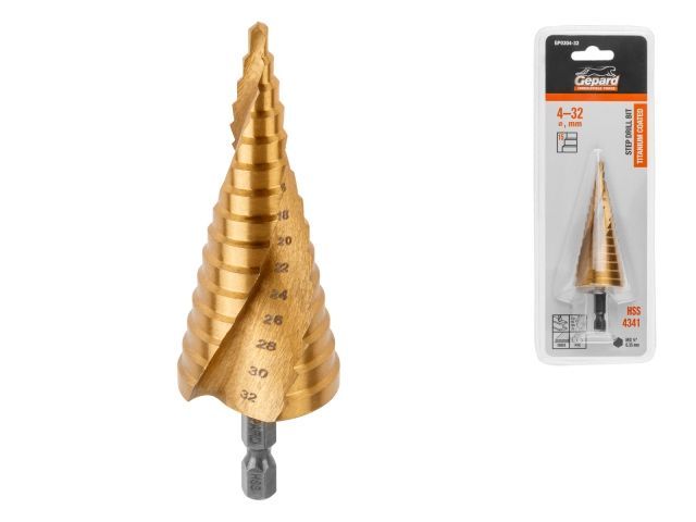 Сверло по металлу ступенчатое 4-32 мм HSS TIN, с коническим желобком, нитридтитановое покрытие GEPARD GP0304-32
