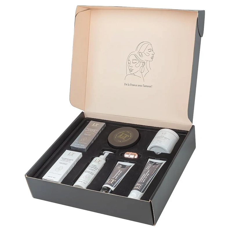 Набор, Увл, эссенция для лица, крем для рук, крем-баттер для тела, увл, патчи для кожи вокруг глаз, пенка для глуб, очищ, со скраб, гранулами, пэды-60шт+массажер La and Te beaute LT3