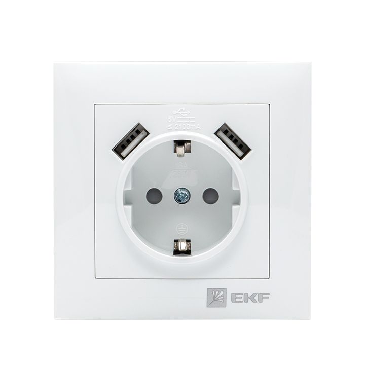 Валенсия розетка 1-местная с/з 16А белая с защ, штор, с 2 USB 2,1А EKF PROxima EWR16-028-10-2USB