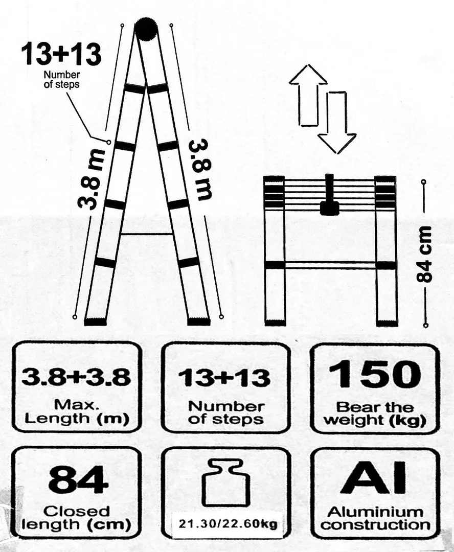 Стремянка телескопическая алюм. бытовая 3.8м 13+13 ступ. Scheppach Sch-UP380-2