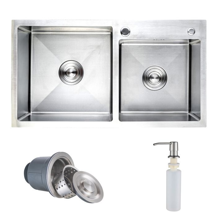 Мойка нерж. сталь, прямоугольная двухчашевая, 780*430мм, сатин, PVD покрытие, мойка справа (3,2мм) AKS 106648