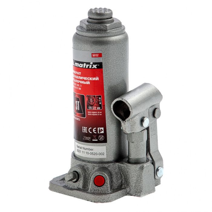 Домкрат гидравлический бутылочный, 3 т, высота подъема 194-372 мм, в пластиковый кейсе Matrix Master