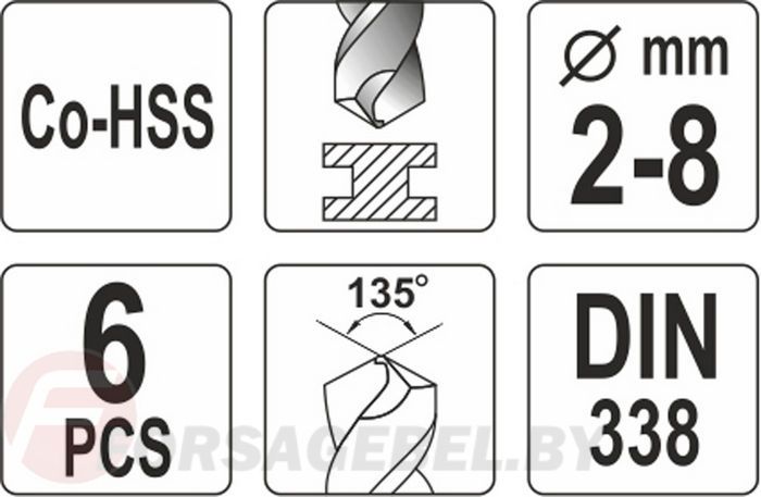 Набор сверл по металлу 2,0-8,0 мм Co-HSS 6 пр. Yato YT-41602