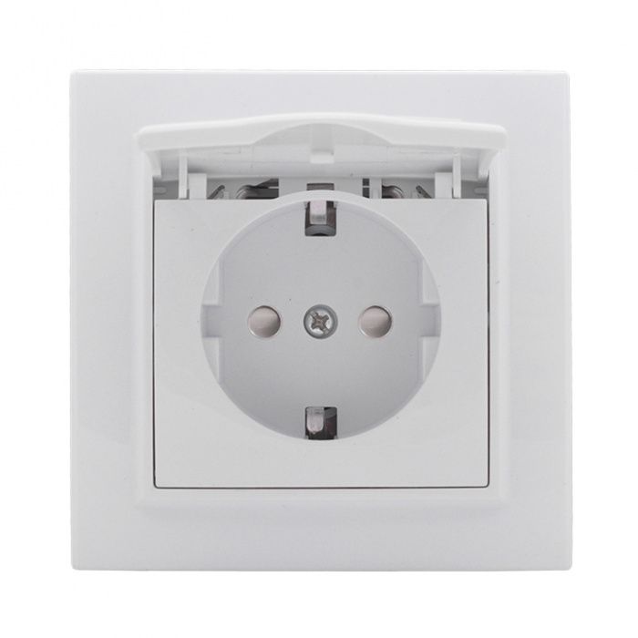 Минск Розетка 1-местная СП с заземлением и крышкой 16А белая с защ, штор, EKF Basic ERR16-029-100