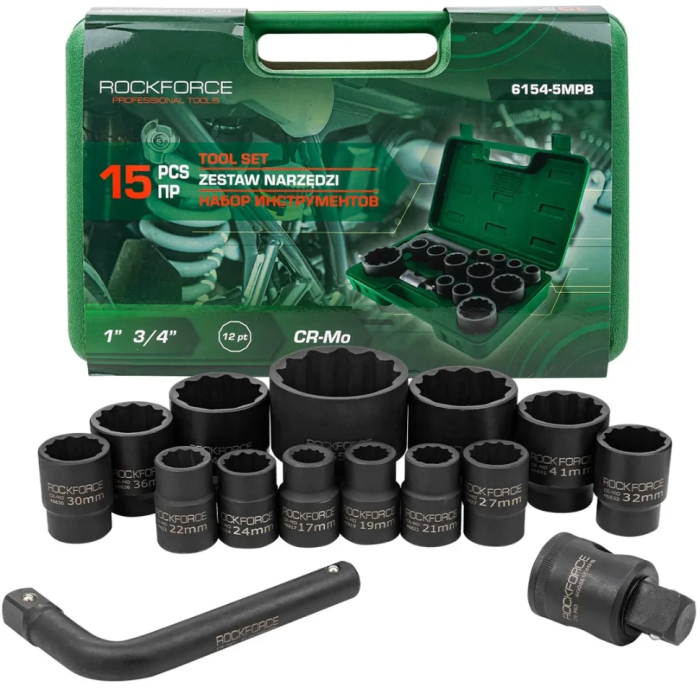 Набор ударных головок 17-65 мм 3/4''&1'' 12-гр 15 пр RockForce RF-6154-5MPB