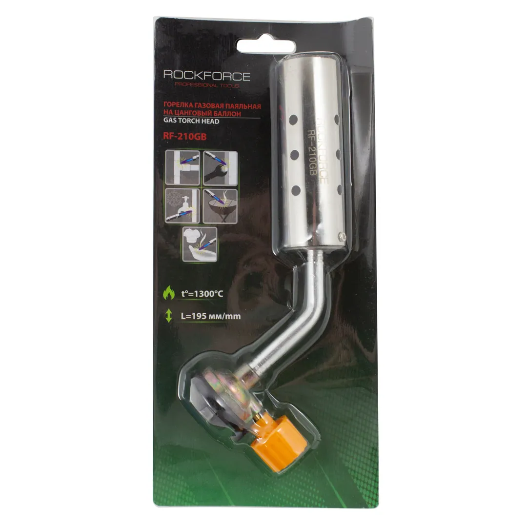 Горелка газовая паяльная на цанговый баллон t-1300гр., L-210 мм RockForce RF-210GB