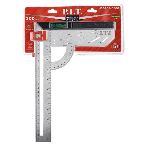 Угольник разметочный магнитный с пузырьковым уровнем DRUA HSQR03-0300 (300мм, транспортир) PIT HSQR03-0300