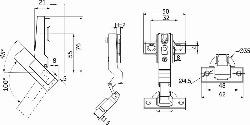 Петля угловая -45° с пружиной 48мм h2 slide-on AKS 123352