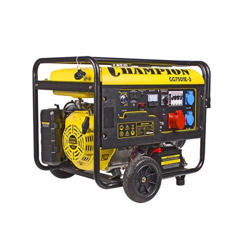Генератор, 380В, 7,5/8,1КВа, 16л.с., 25л, 2,5л/ч, 200/12В, эл.старт, колеса Champion GG7501Е-3