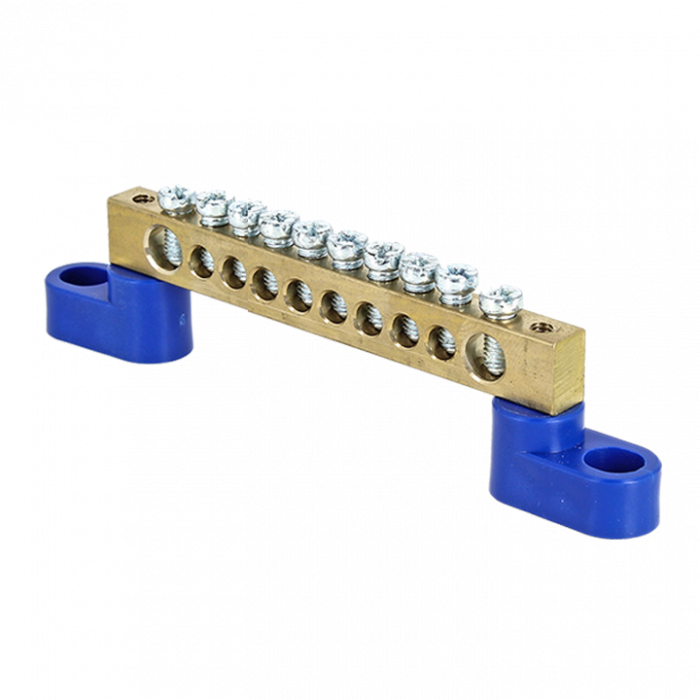 Шина "0" N (6х9мм) 10 отверстий латунь 2 синих угловых изолятора EKF PROxima sn0-2-63-10