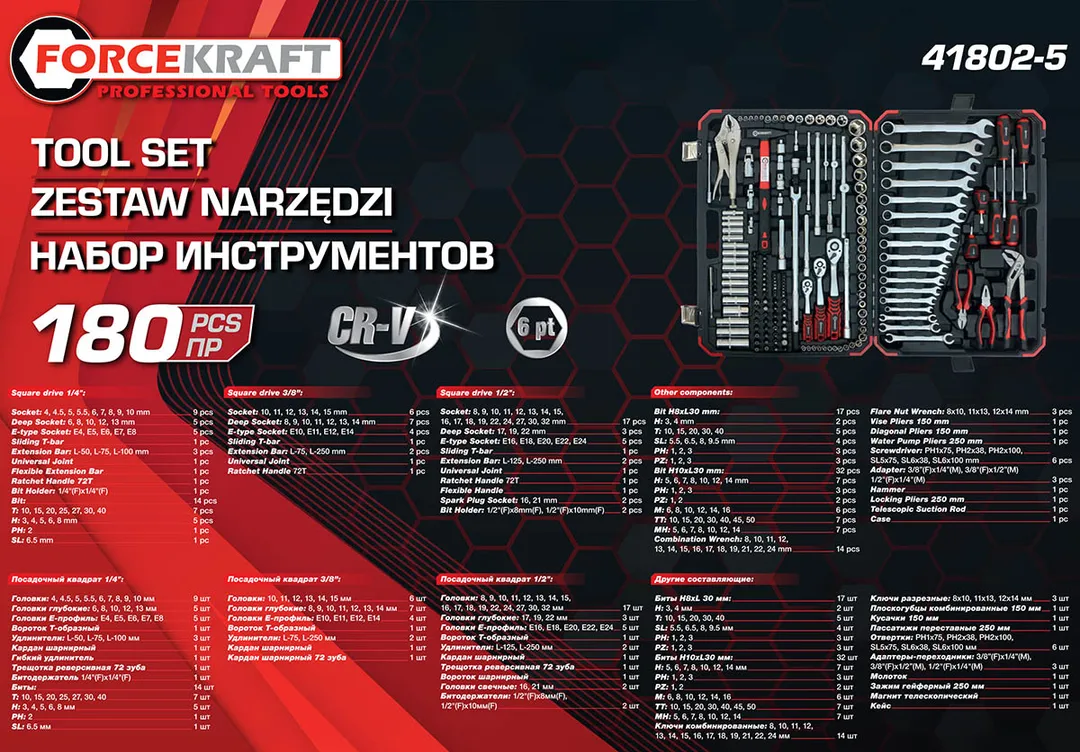 Набор инструментов 180 пр. 1/4''&3/8''&1/2'', 6-гр ForceKraft FK-41802-5