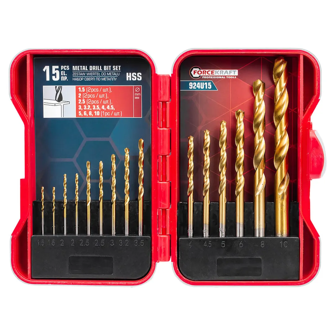 Набор сверл по металлу 1,5-10 мм 15 пр ForceKraft FK-924U15