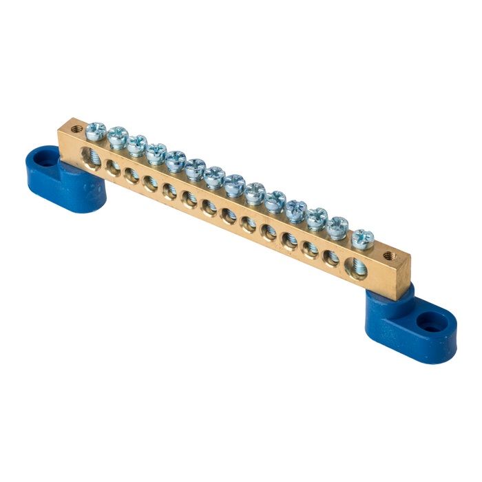 Шина "0" N (8х12мм) 14 отверстий латунь 2 синих угловых изолятора EKF PROxima sn0-125-14-2