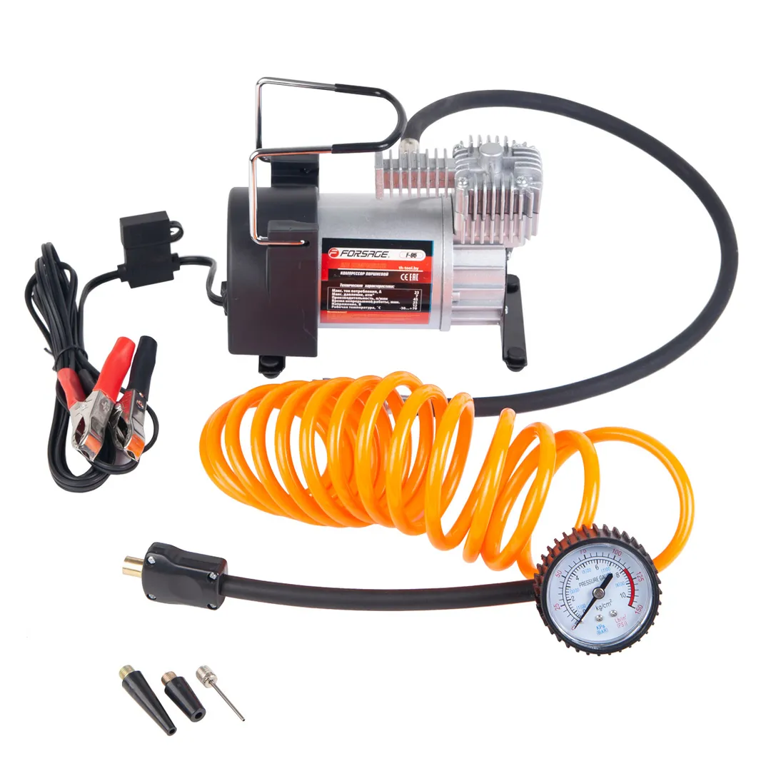 Компрессор поршневой автомобильный с витым шлангом 45 л/мин, 23А 12V, питание на клеммы Forsage F-95