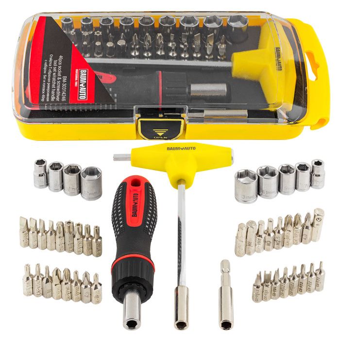 Отвертка реверсивная с комплектом бит и головок 46 пр. BaumAuto BM-30314246