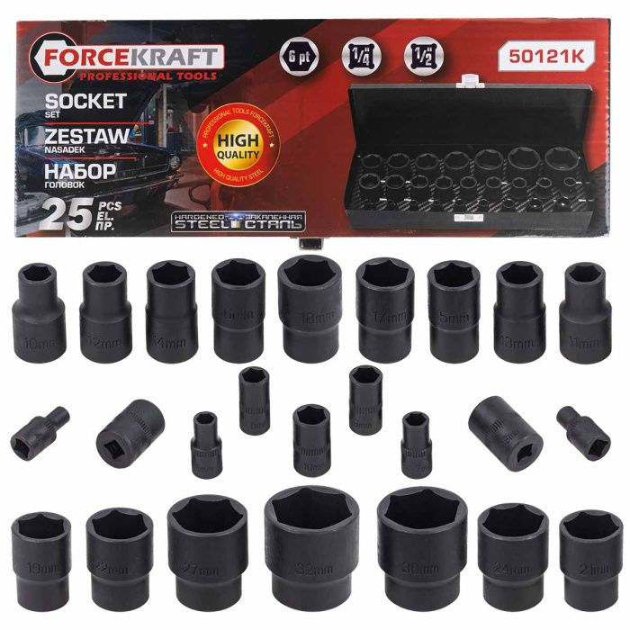 Набор головок ударных 25 пр. 1/4''&1/2'', 6-гр., 1/2'': 10-32 мм 1/4'': 4-13 мм, ForceKraft FK-50121K