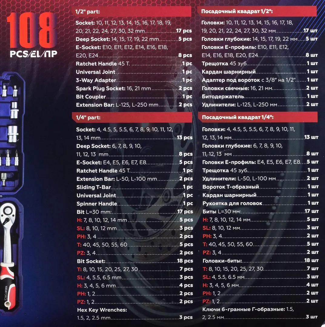 Набор инструментов 108 пр. 1/4"&1/2" 6-гр YATAFORCE YF-41082-5