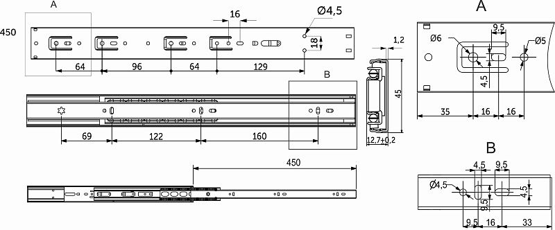 Направляющая шариковая L-450 h=45 SOFT CLOSE AKS PLUS 89854