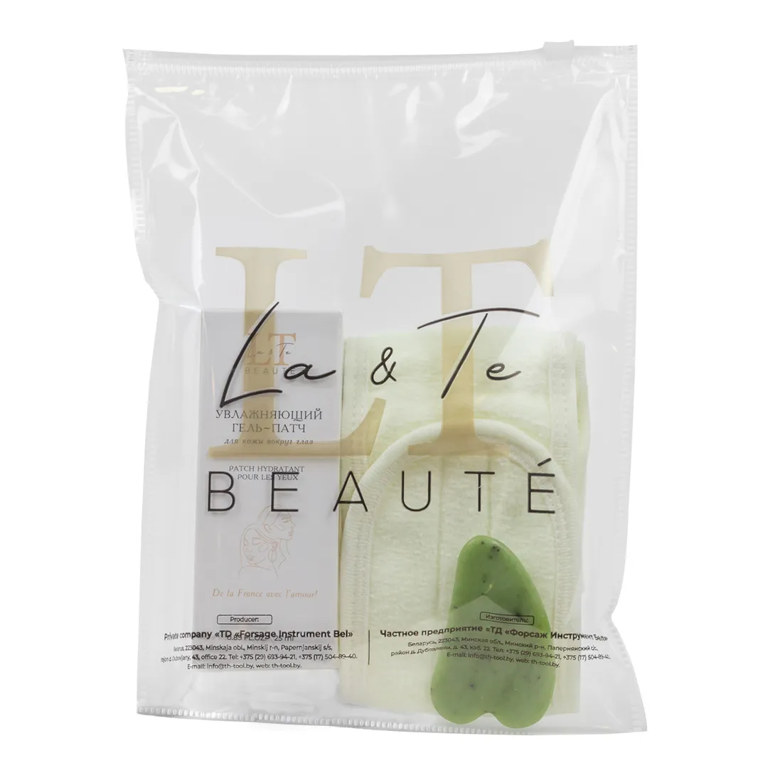 Набор: увлажняющий гель-патч для кожи вокруг глаз 25 мл LT-1831, скребок гуаша, повязка на голову на липучке, бежевая La and Te beaute LT-34