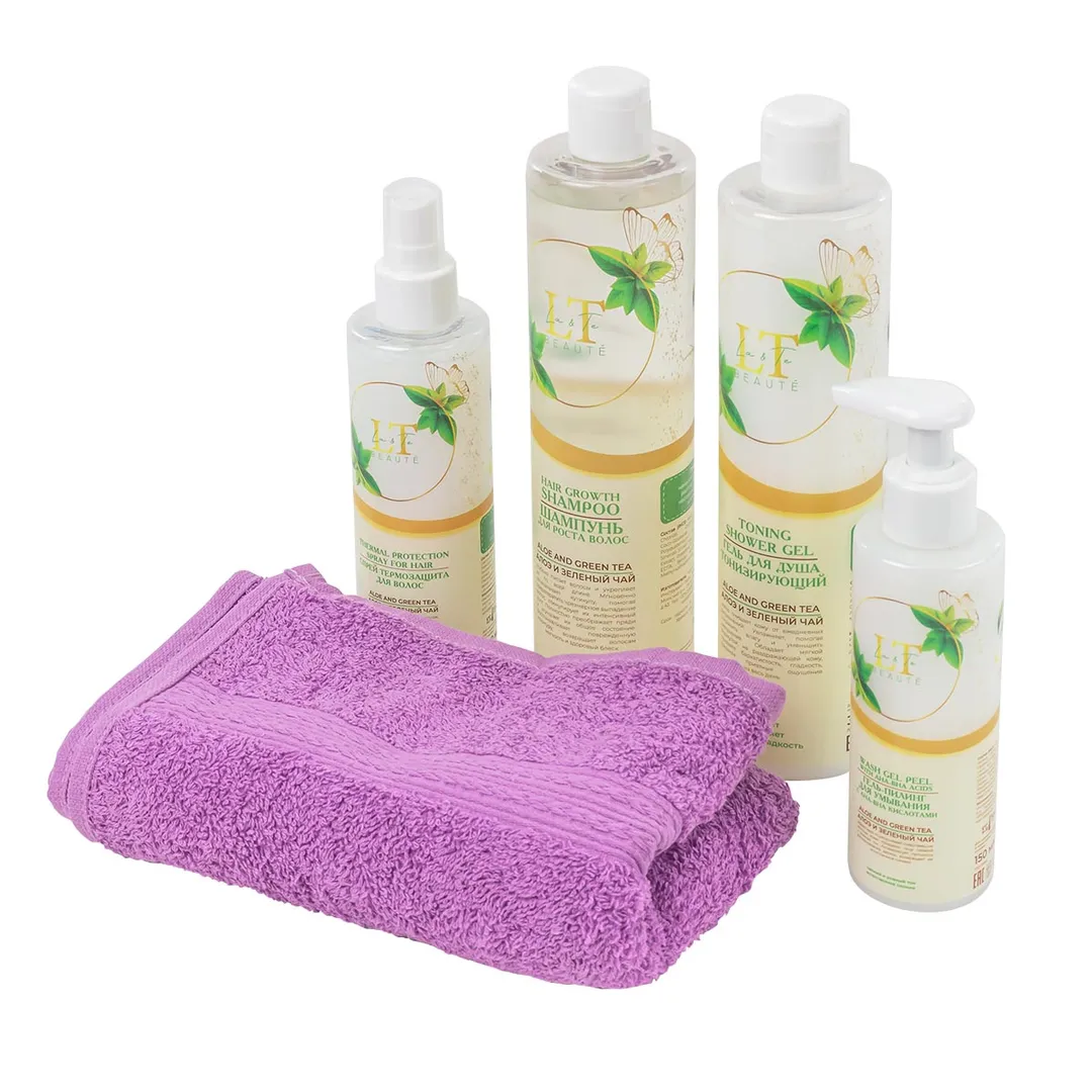 Набор Алоэ и зеленый чай, гельдля душа, шампунь, спрей термозащита, гель-пилинг, полотенце 40*70 La and Te beaute LT-47