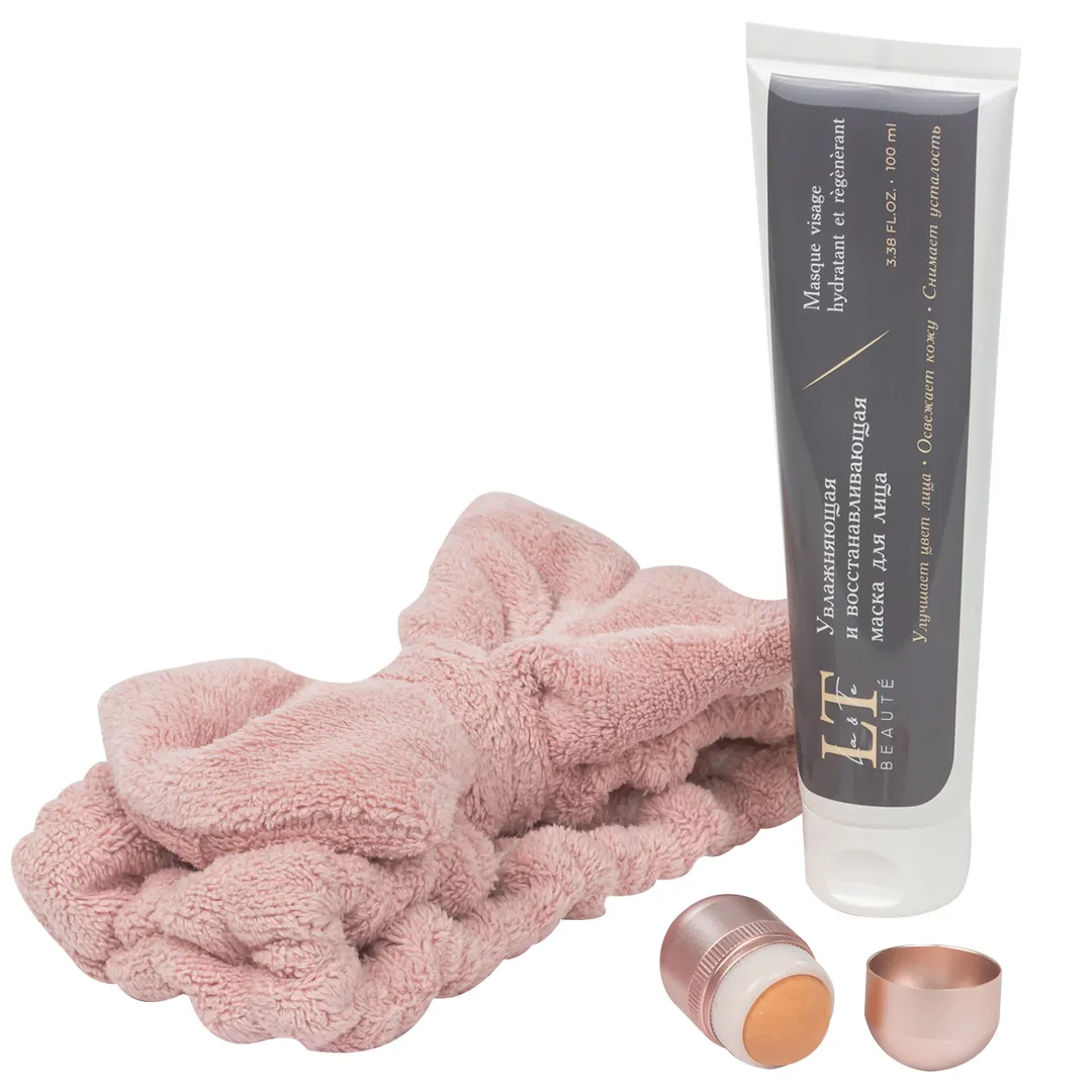 Набор: увл. маска для лица 100 мл LT-1886, массажер ролик для лица из вулканического камня, повязка на голову-бант, розовая La and Te beaute LT-37