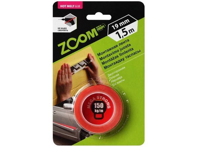 Лента двухсторонняя клейкая Mega Strong 19 мм х 1,5 м, Белая/красная ZOOM 02-5-3-203