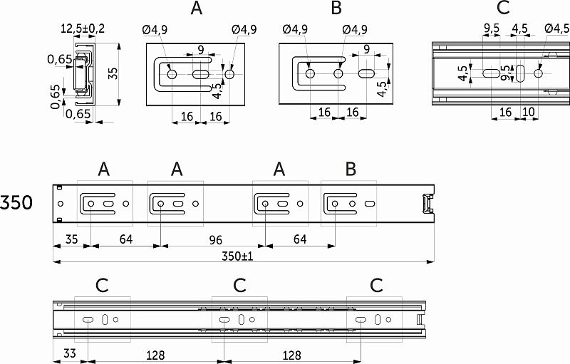 Направляющая шариковая L-350 h35 A GRIDLI 106044