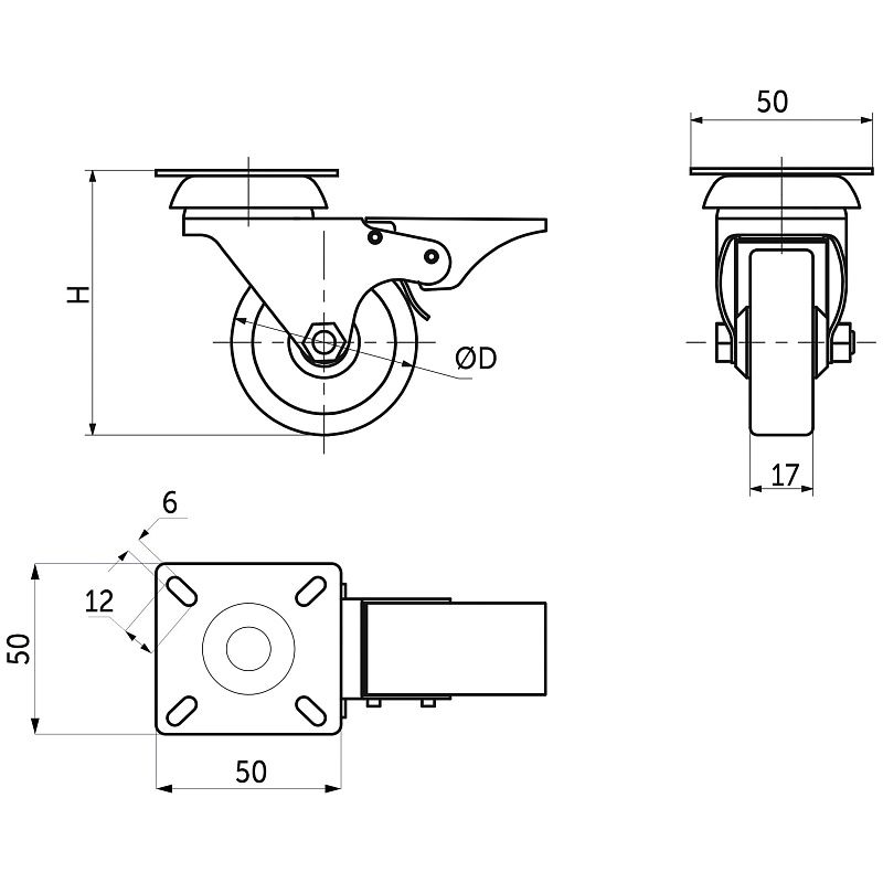 Колесо меб. TECH d50 h70 с площадкой с торм., синий AKS 115436