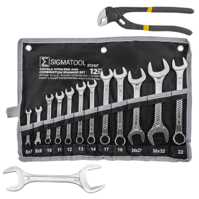 Набор комбинированных 10-22 мм и рожковых ключей 6х7, 8х9, 24х27, 30х32, 36х41 мм, пассатижи, 14 пр SIGMATOOL Sigmatool-5198P+2