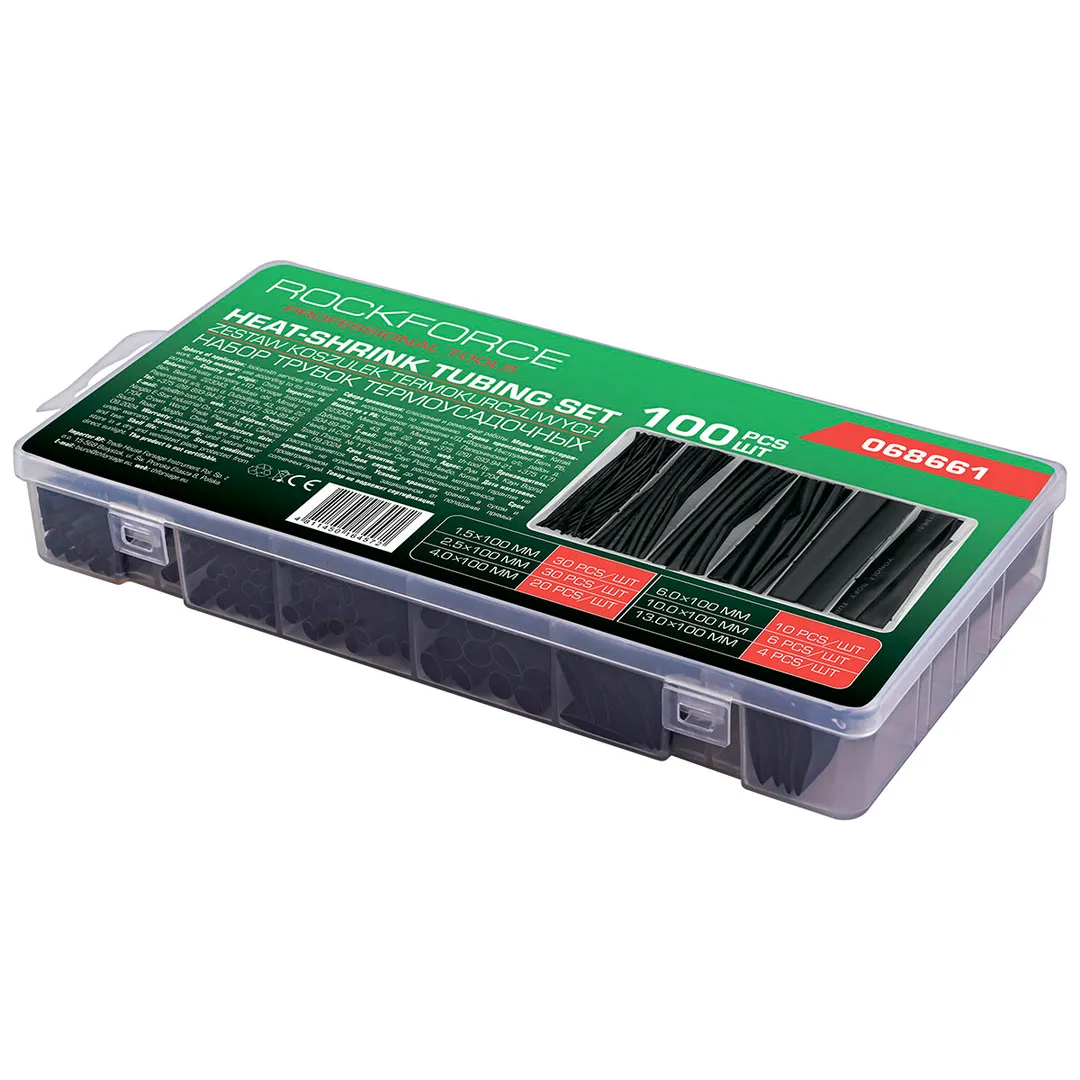 Набор черных термоусадочных трубок 1,5-13 мм, L100 мм 100 пр RockForce RF-068661