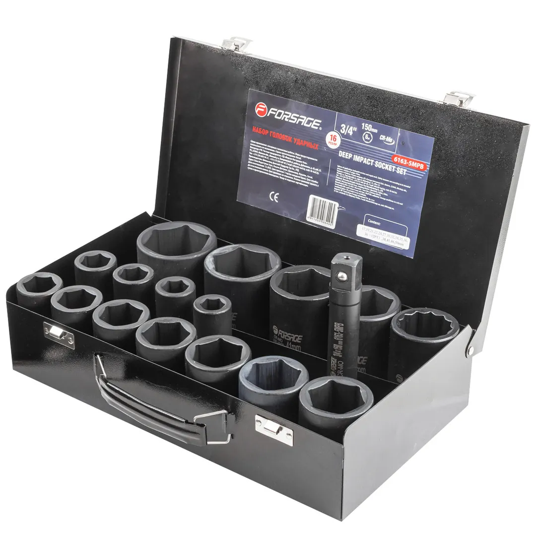 Набор головок ударных глубоких 3/4'' 16 пр 6-гр 17-36 мм, 12-гр 38-50 мм Forsage F-6163-5MPB