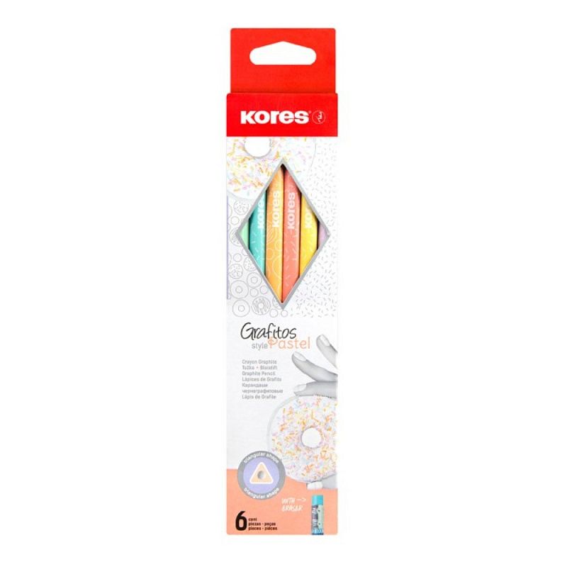 Карандаш простой Kores "Grafitos Style Pastel", HB, с ластиком, ассорти