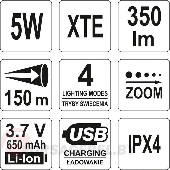 Фонарик 94х27 мм. 5W, 350lm, 3.7V, USB, IPX4, zoom Yato YT-08569
