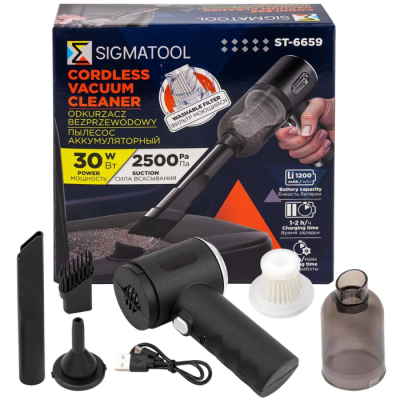 Пылесос автомобильный аккумуляторный 3,7В, 1200мА/ч, 30Вт, контейнер 0,45 л SIGMATOOL Sigmatool-ST-6659