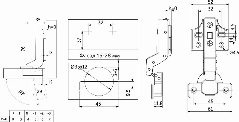 Петля внутренняя с доводчиком 45мм h0 clip-on, саморезы, заглушки, д/фасадов до 28мм, упак 2 шт., PRIME by AKS 112656