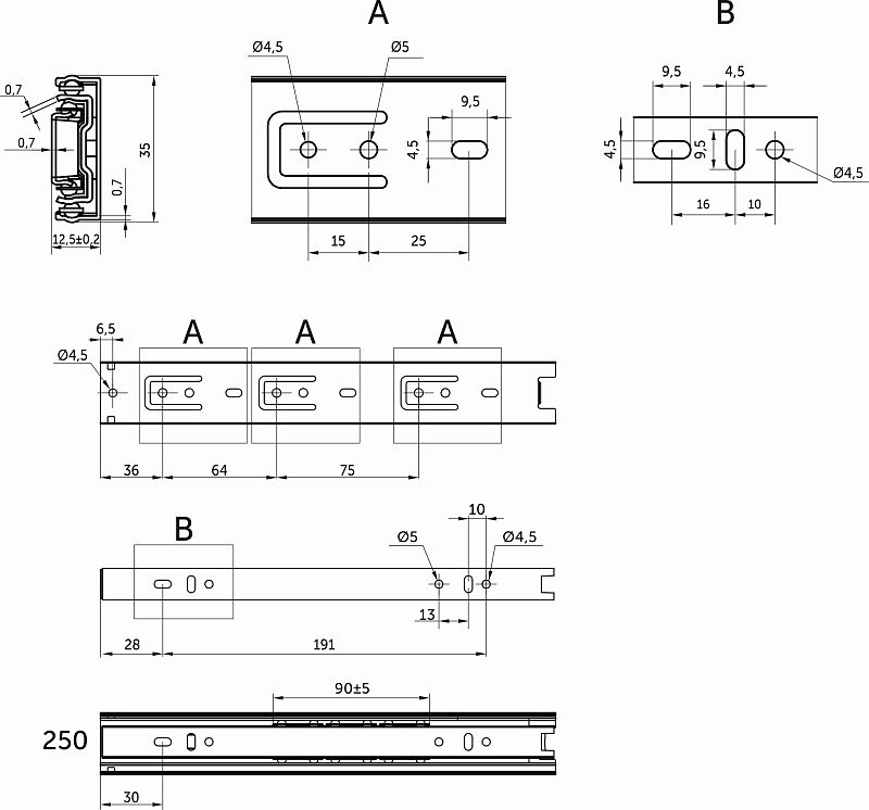 Направляющая шариковая L-250 h35 C AKS 108966