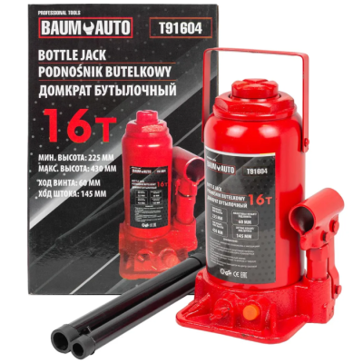Домкрат бутылочный с клапаном 16 т, 225-430 мм BaumAuto BM-T91604