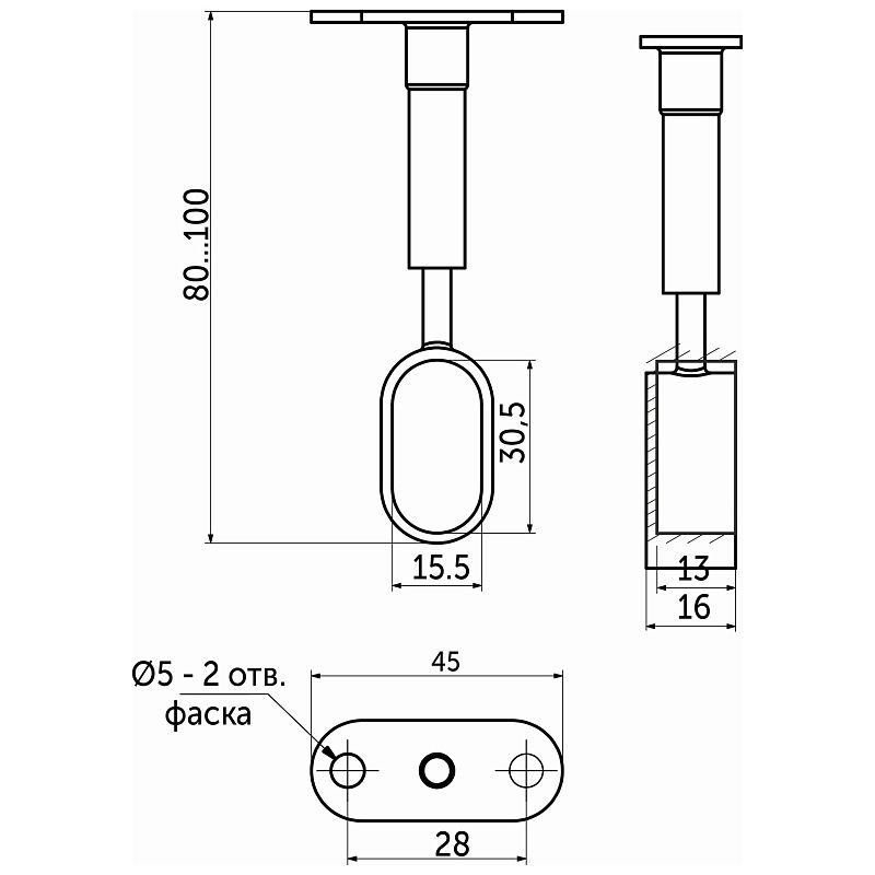 Держатель дистанционный концевой трубы овальн. 30*15, 935A, регулируемый, черный AKS 113973