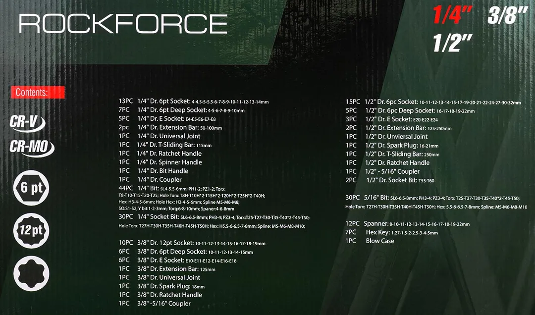 Набор инструментов 216 пр. 1/4'',3/8''&1/2'', 6-гр. RockForce RF-38841(NEW)